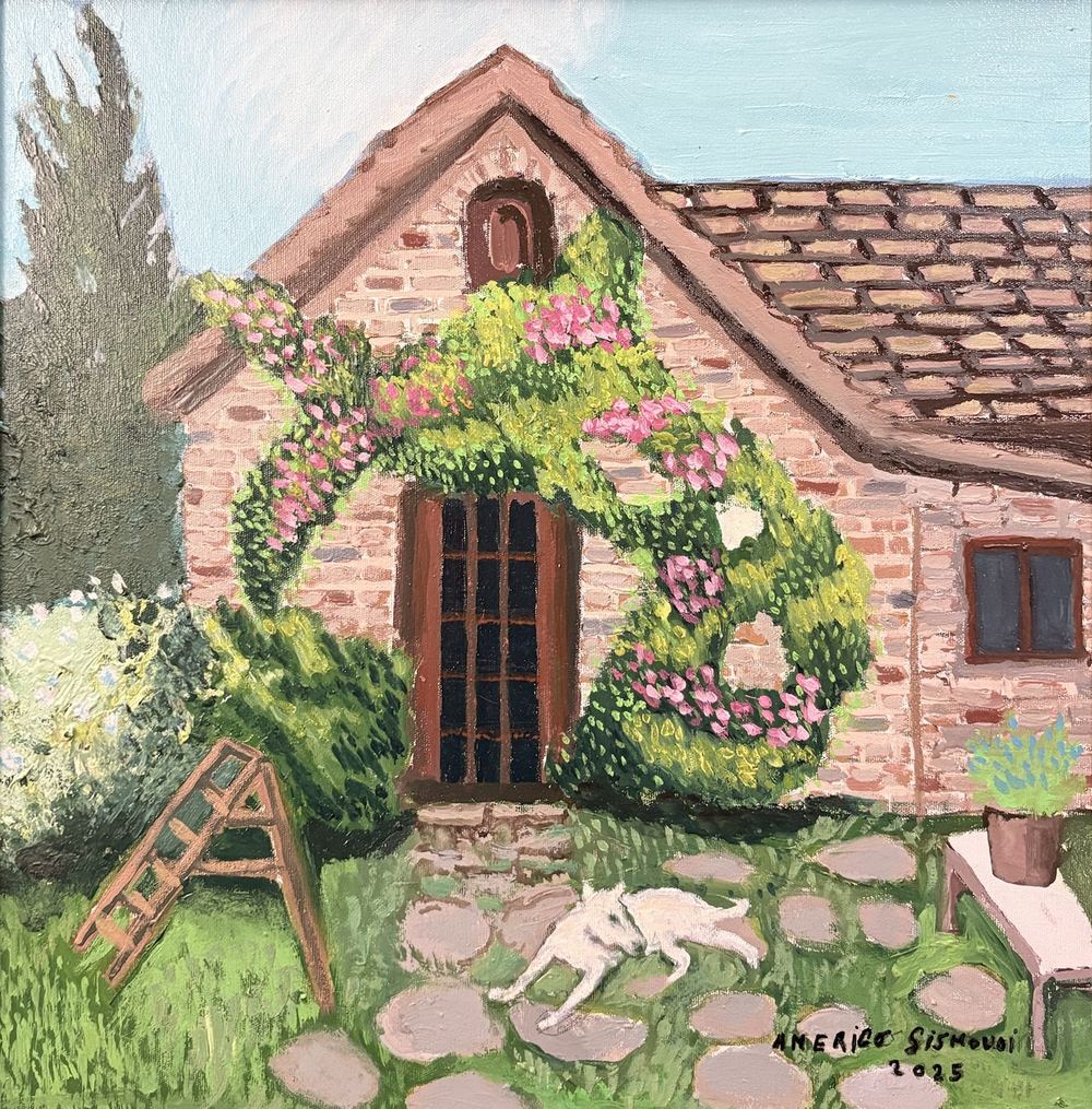 Casa con cane, olio su tela, 40×40 cm, 2025