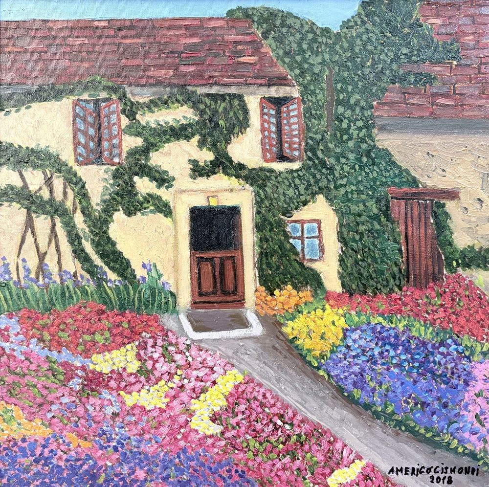 Chalet nei fiori, olio su tela, 40×40 cm, 2018