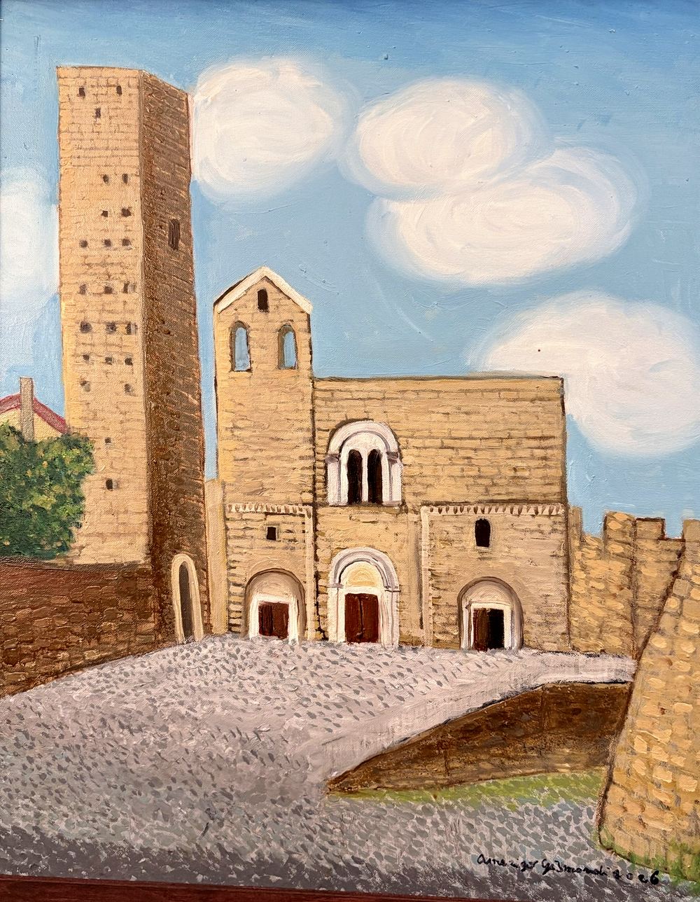 Chiesa di Tarquinia, olio su tela, 50×40 cm, 2026