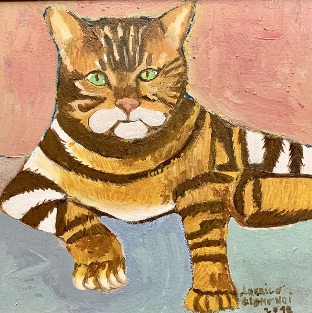 Gatto arrabbiato con occhi verdi, olio su tela, 30×30 cm, 2018