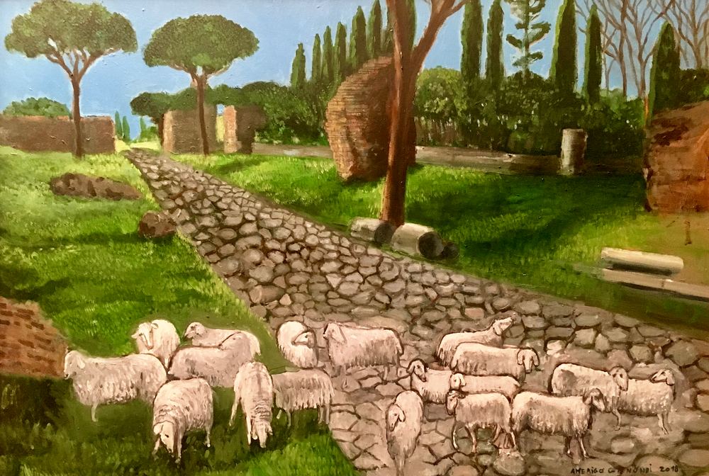 Pecore sull'Appia, olio su tela, 70×100 cm, 2018
